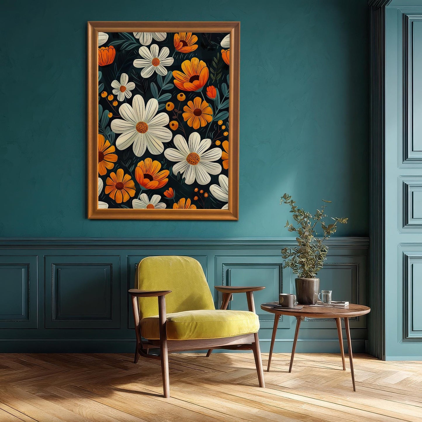 A framed floral print with an orange frame hanging above a chartreuse yellow accent chair and small side table in a room with a dark teal wall and wainscoting.