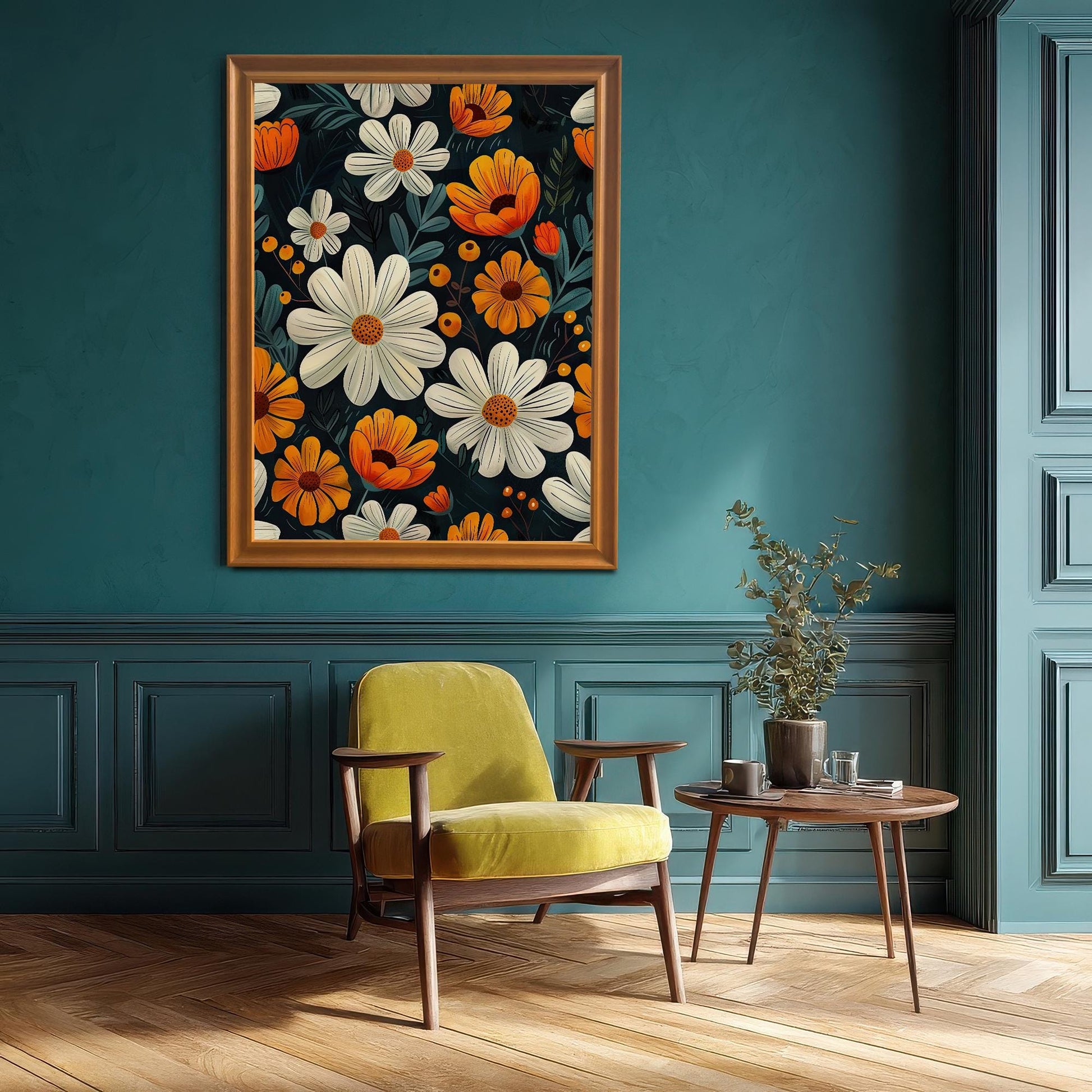 A framed floral print with an orange frame hanging above a chartreuse yellow accent chair and small side table in a room with a dark teal wall and wainscoting.