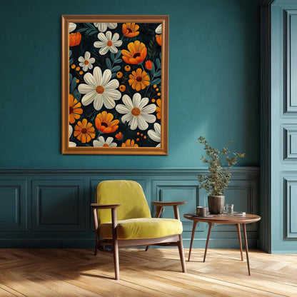 A framed floral print with an orange frame hanging above a chartreuse yellow accent chair and small side table in a room with a dark teal wall and wainscoting.