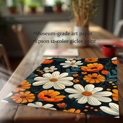Close-up of an unframed art print with a white and orange floral pattern on a dark background, resting on a wooden table. Text lists "Museum-grade art paper" and "Epson 12-color giclee print."