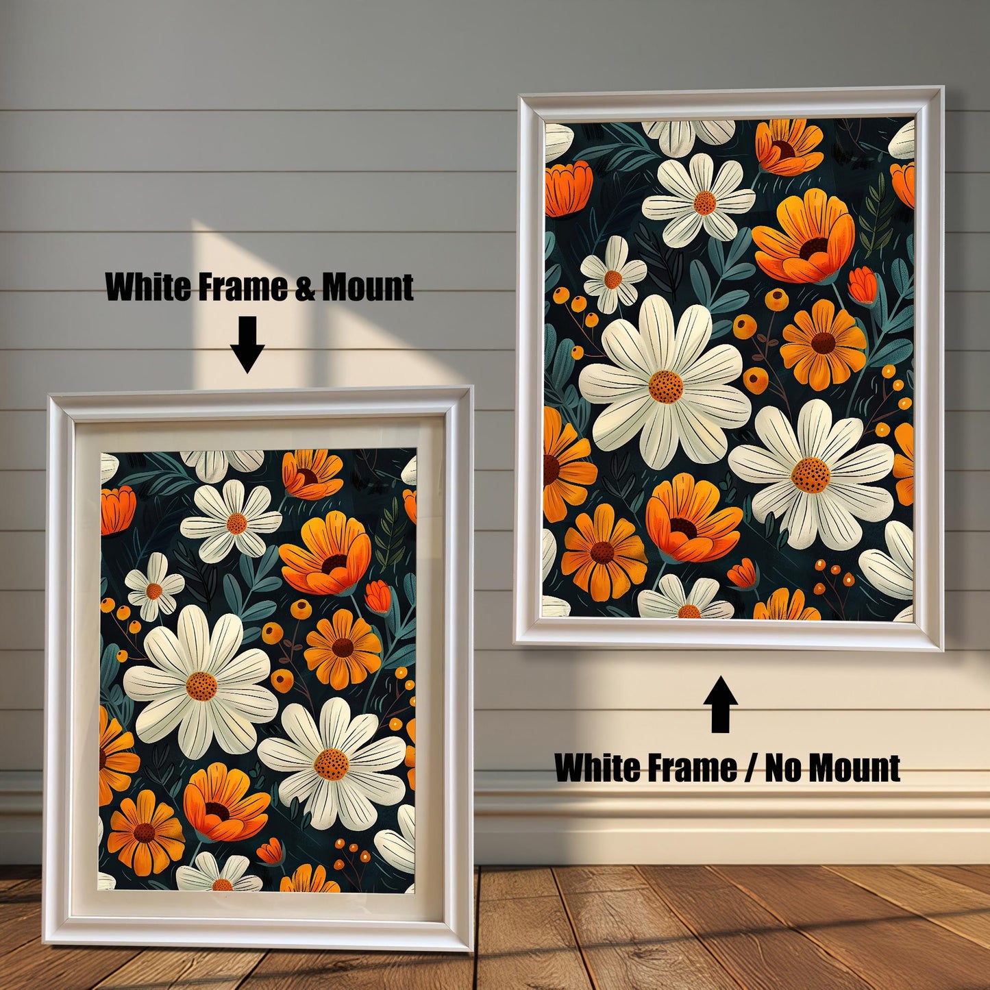 Two framed floral art prints side-by-side. The left is a "White Frame & Mount," and the right is a "White Frame / No Mount."