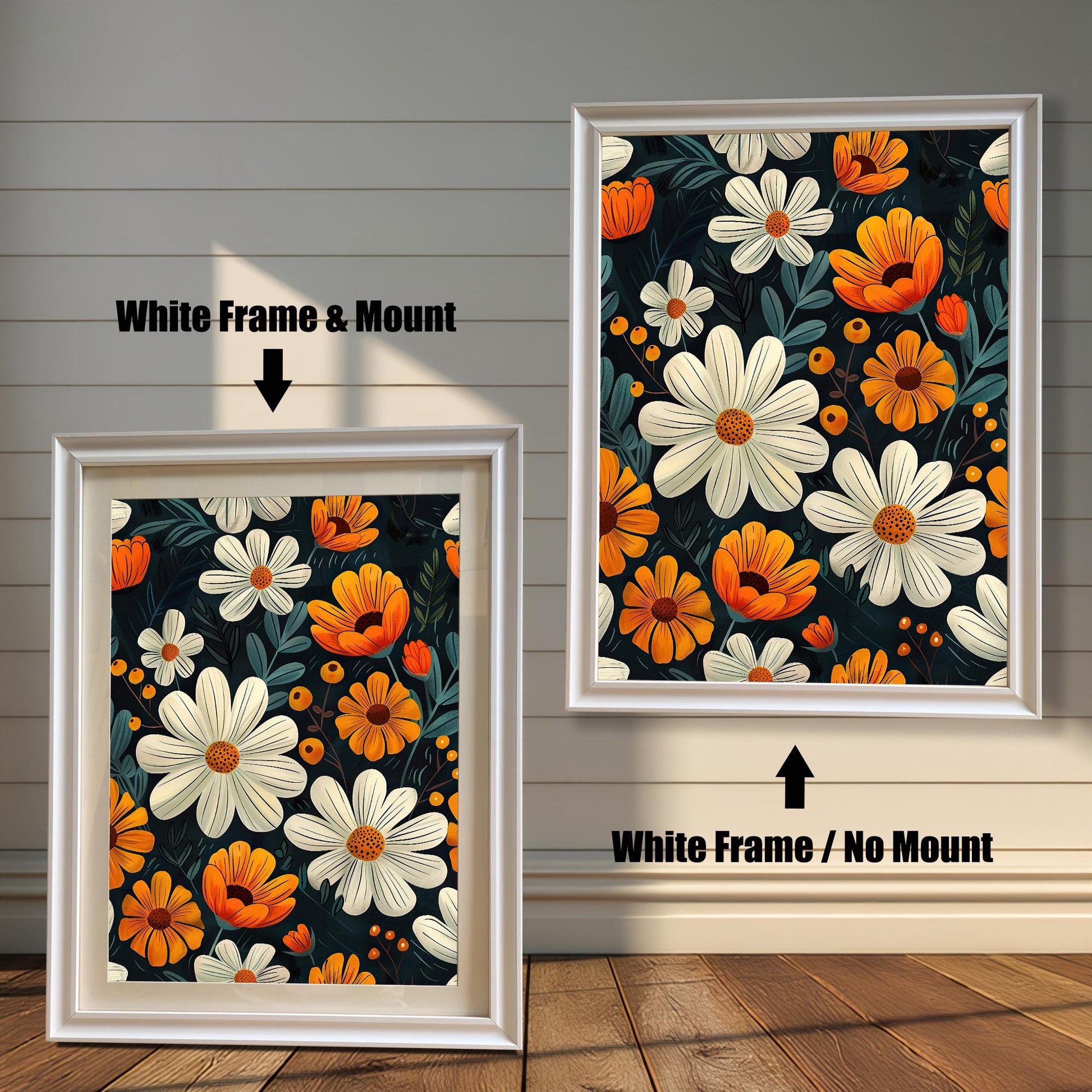 Two framed floral art prints side-by-side. The left is a "White Frame & Mount," and the right is a "White Frame / No Mount."