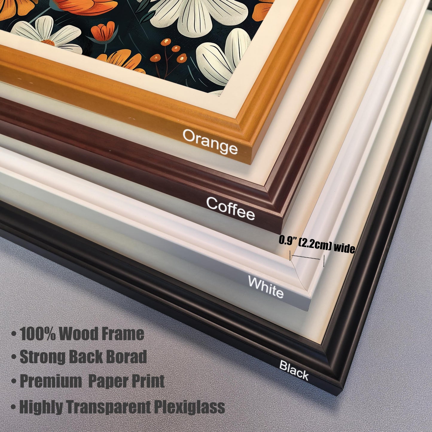 Close-up stack of four frame corner samples: Orange, Coffee, White, and Black. The width is labeled as 0.9" (2.2cm). Text lists frame materials and print quality details.