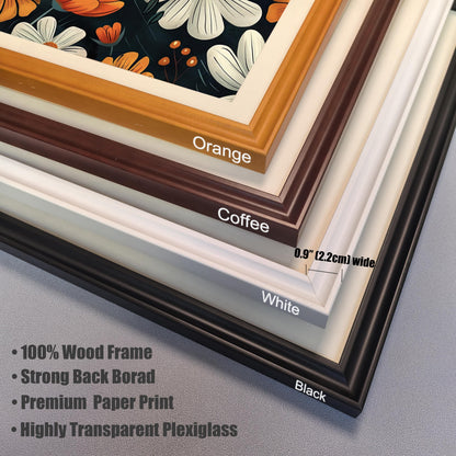 Close-up stack of four frame corner samples: Orange, Coffee, White, and Black. The width is labeled as 0.9" (2.2cm). Text lists frame materials and print quality details.