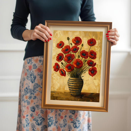 A person holds a framed art print of red poppies in a striped vase with a white mat. They are wearing a black top and a floral skirt.