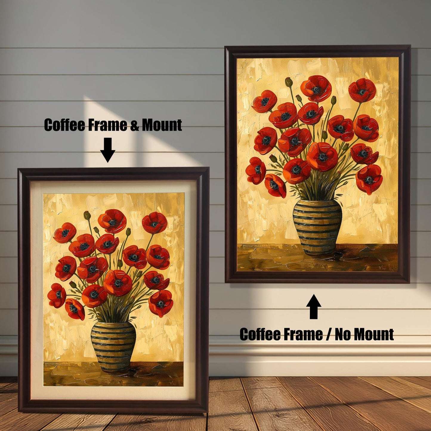 Two art prints of red poppies in a striped vase. The one on the left has a coffee-colored frame with a white mat. The one on the right has a coffee-colored frame with no mat.
