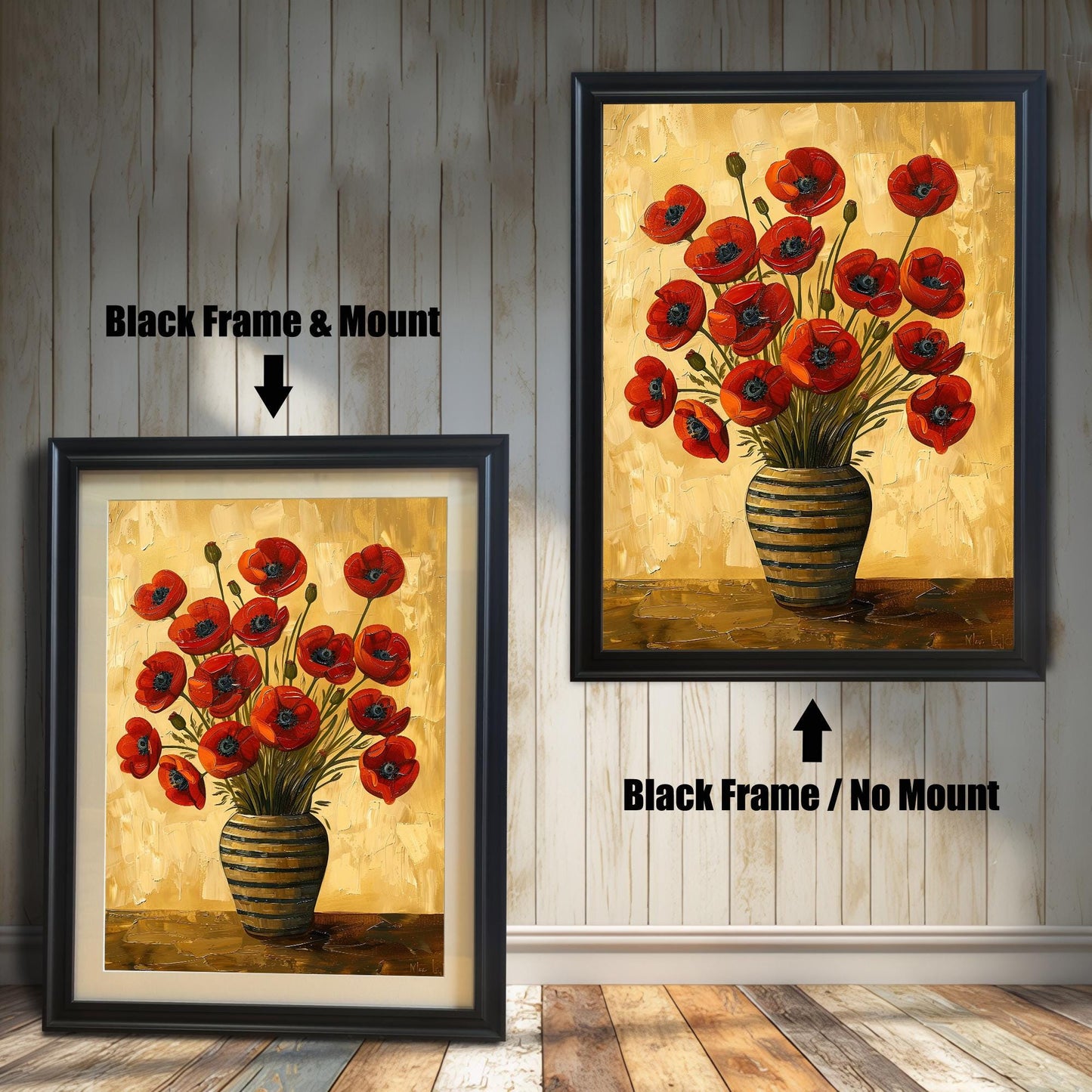Two art prints of red poppies in a striped vase. The one on the left has a black frame with a white mat. The one on the right has a black frame with no mat.