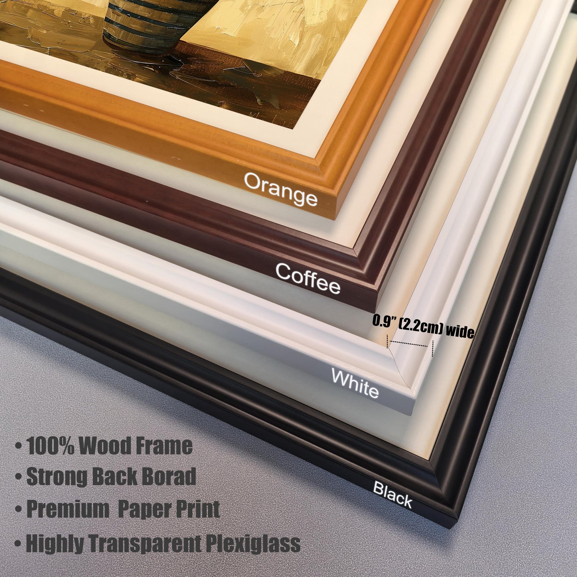 A stack of four corner samples for art frames. From top to bottom, the colors are orange, coffee, white, and black. Text lists frame features like "100% Wood Frame."