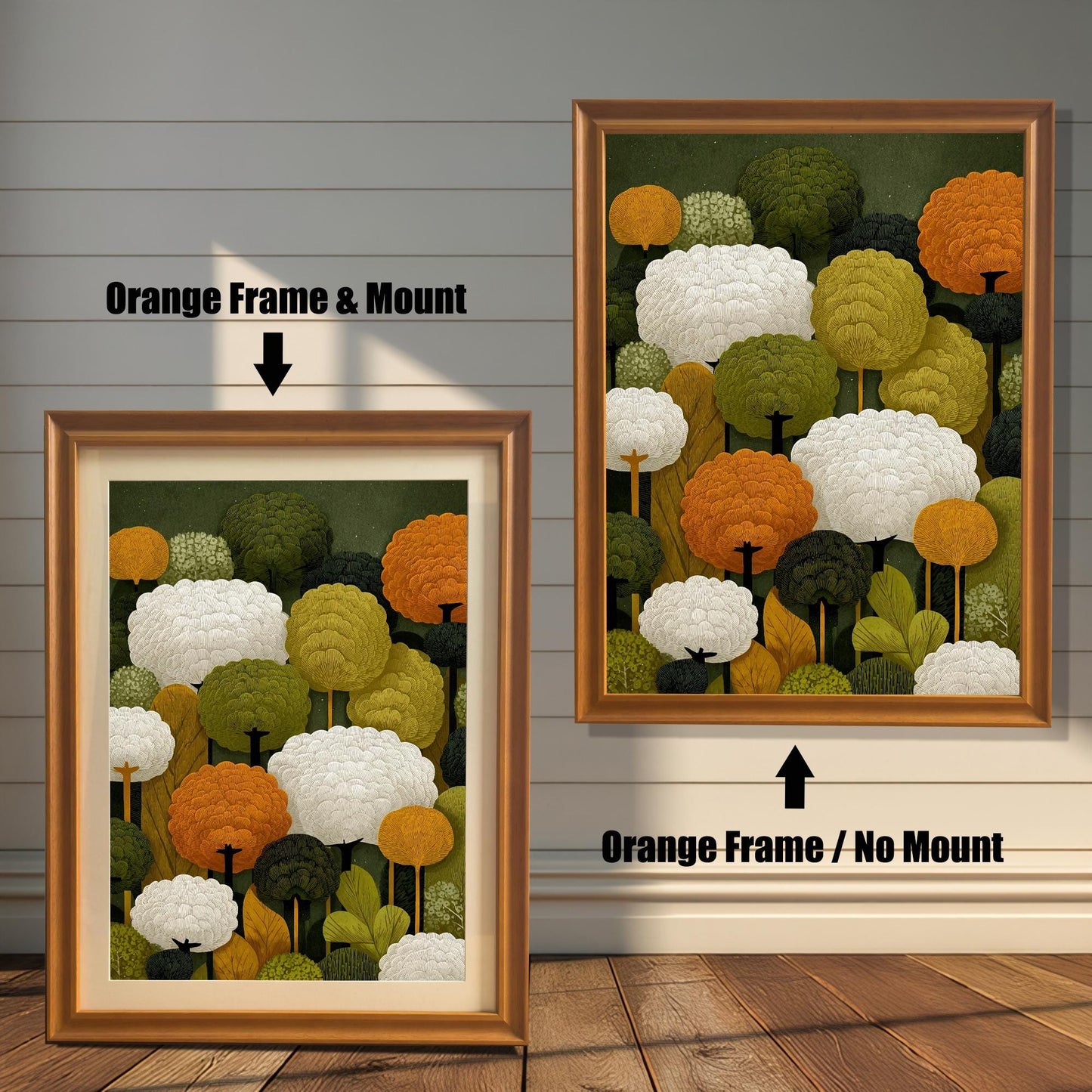 Two art prints of abstract trees. The one on the left has an orange-colored frame with a white mat. The one on the right has an orange-colored frame with no mat.