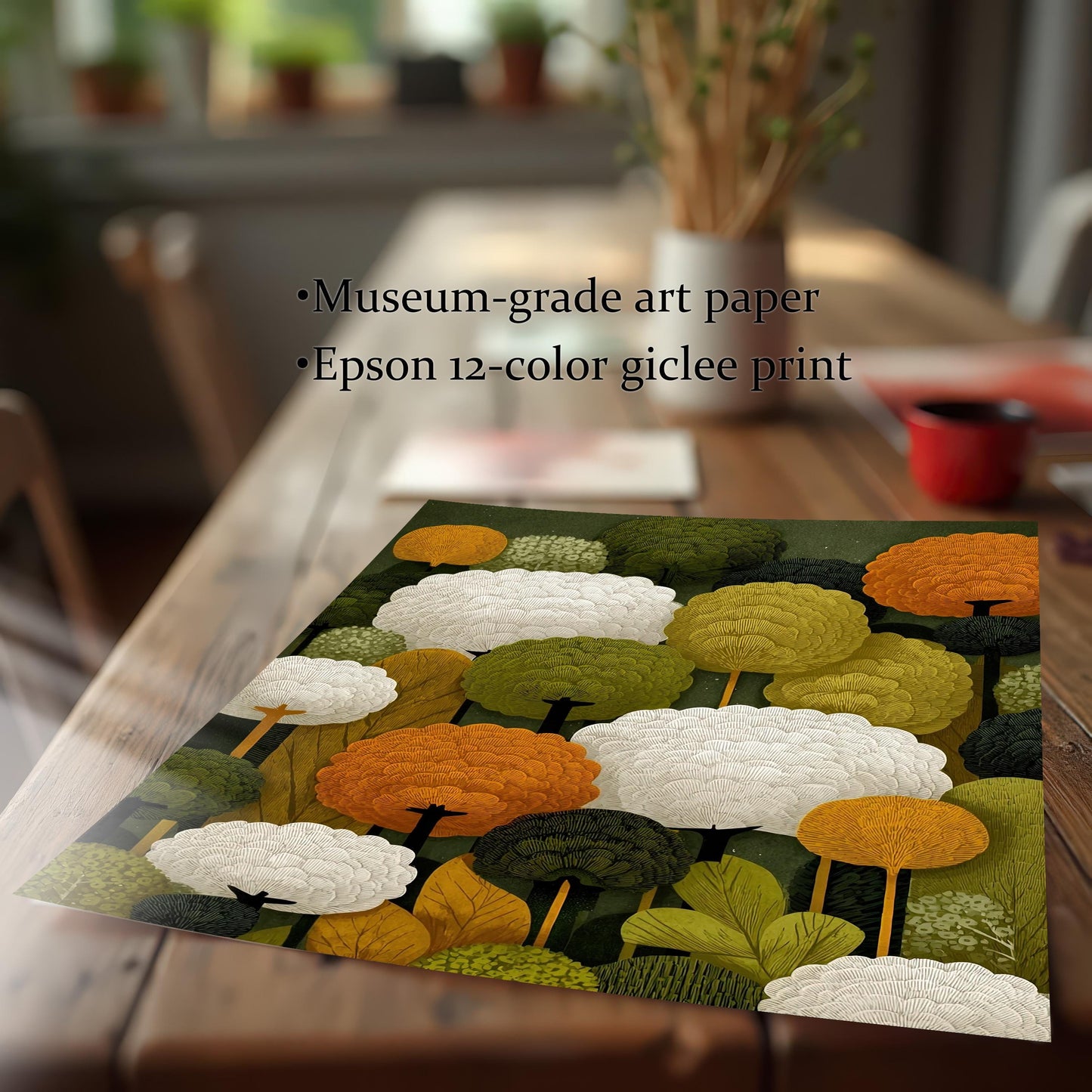 A close-up, angled view of a paper art print featuring abstract trees. Text highlights "Museum-grade art paper" and "Epson 12-color giclee print."