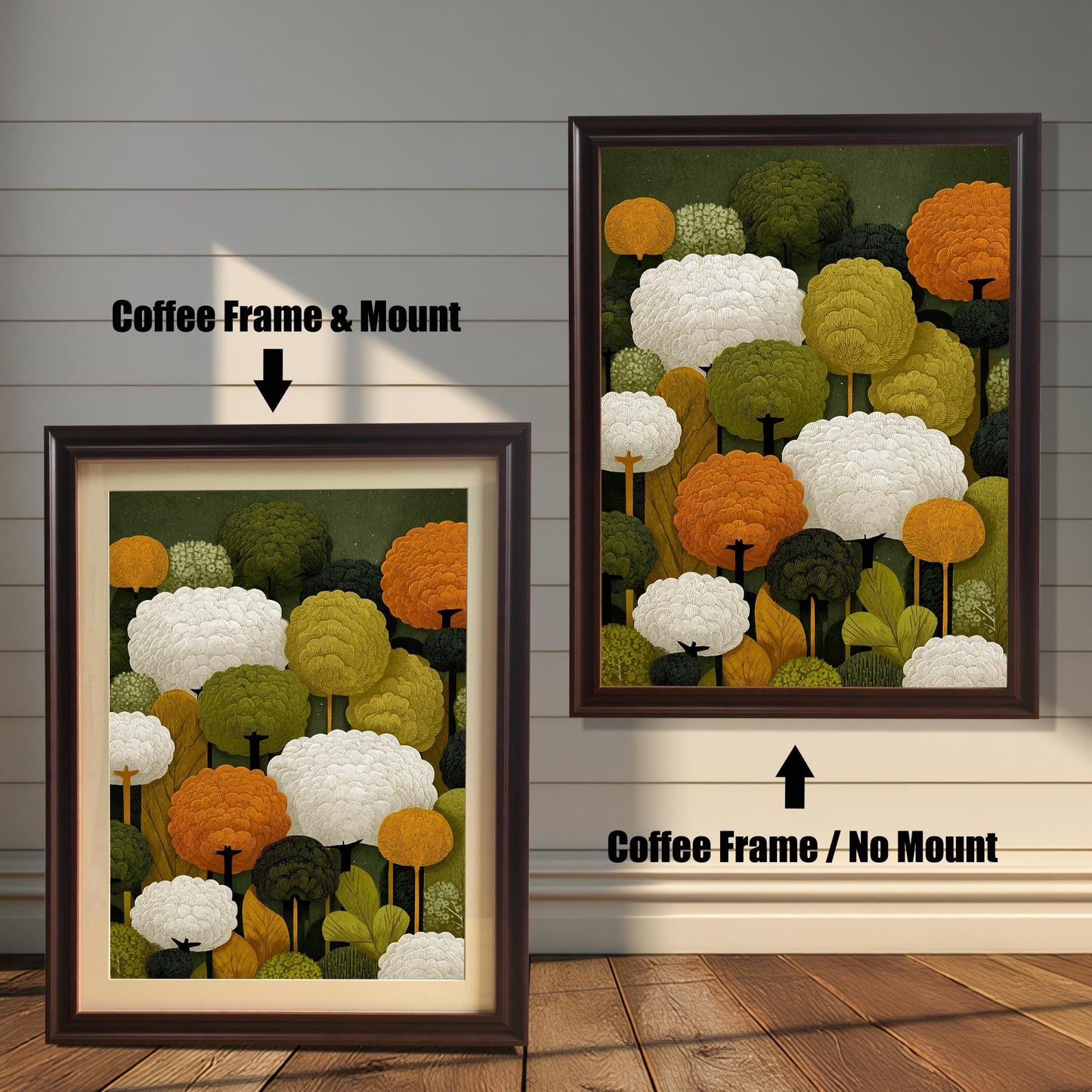 Two art prints of abstract trees. The one on the left has a coffee-colored frame with a white mat. The one on the right has a coffee-colored frame with no mat.