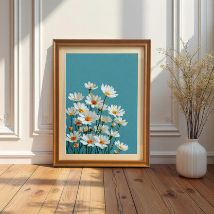 An orange-framed art print of white daisies on a teal background leans on a wood floor against a white paneled wall next to a tall vase with dried plants.
