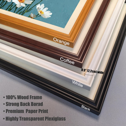 A stack of four corner samples for art frames. From top to bottom, the colors are orange, coffee, white, and black. Text lists frame features like "100% Wood Frame."
