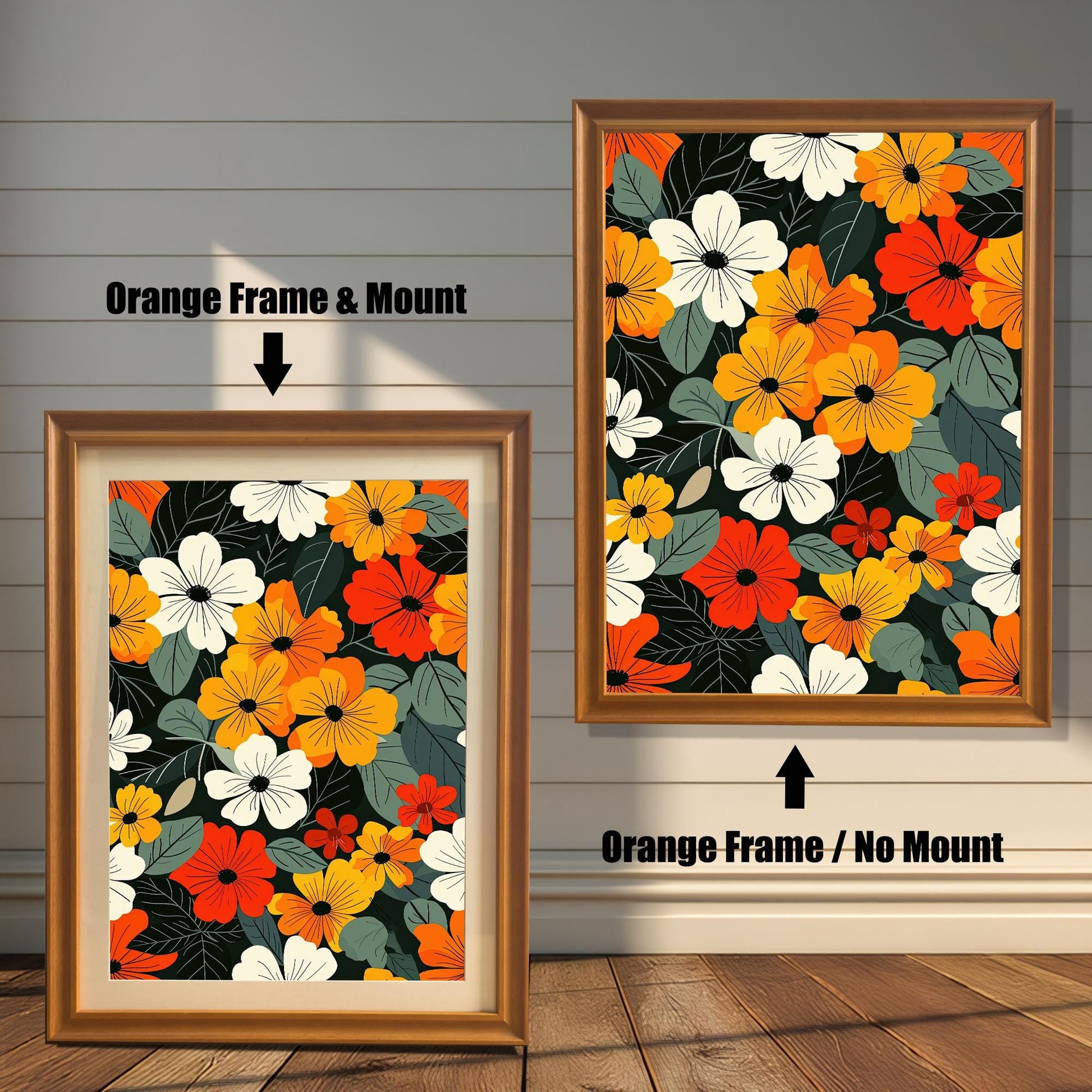 Two art prints of colorful flowers. The one on the left has an orange-colored frame with a white mat. The one on the right has an orange-colored frame with no mat.