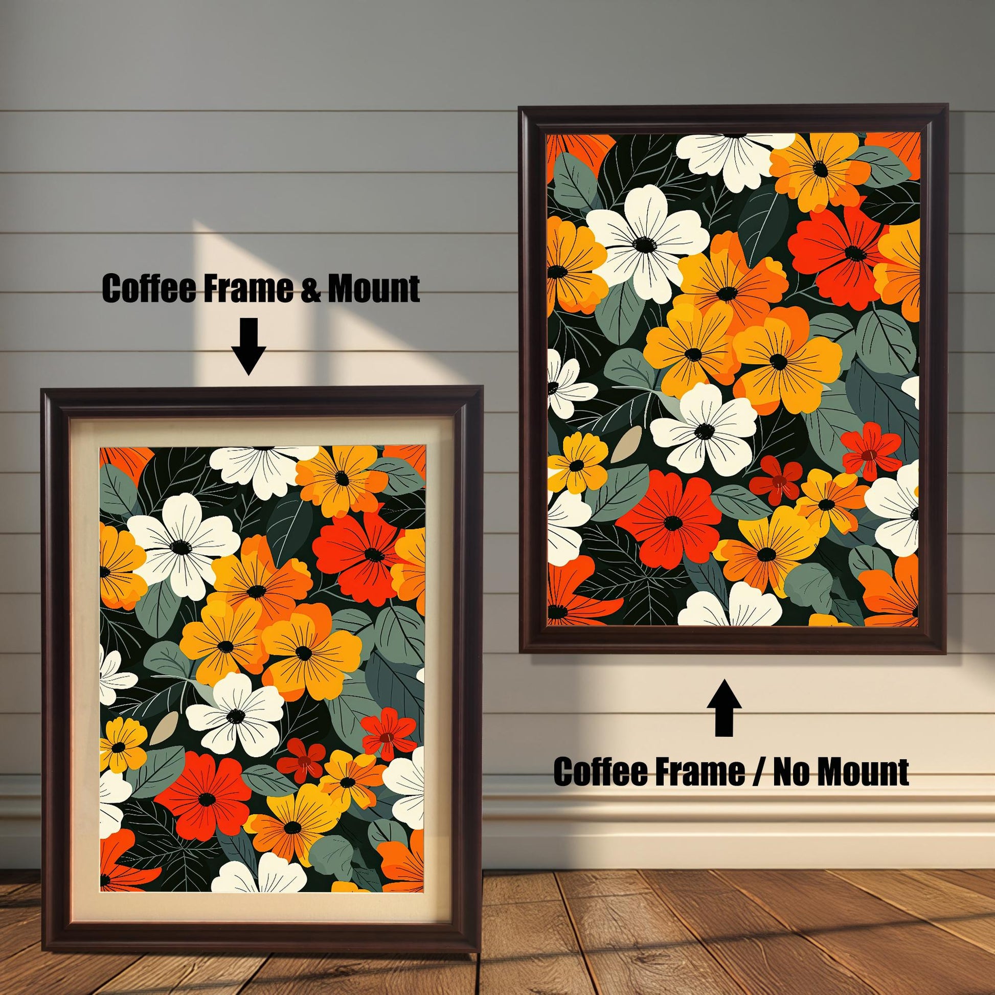 Two art prints of colorful flowers. The one on the left has a coffee-colored frame with a white mat. The one on the right has a coffee-colored frame with no mat.