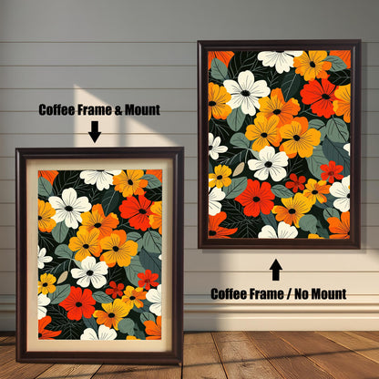 Two art prints of colorful flowers. The one on the left has a coffee-colored frame with a white mat. The one on the right has a coffee-colored frame with no mat.