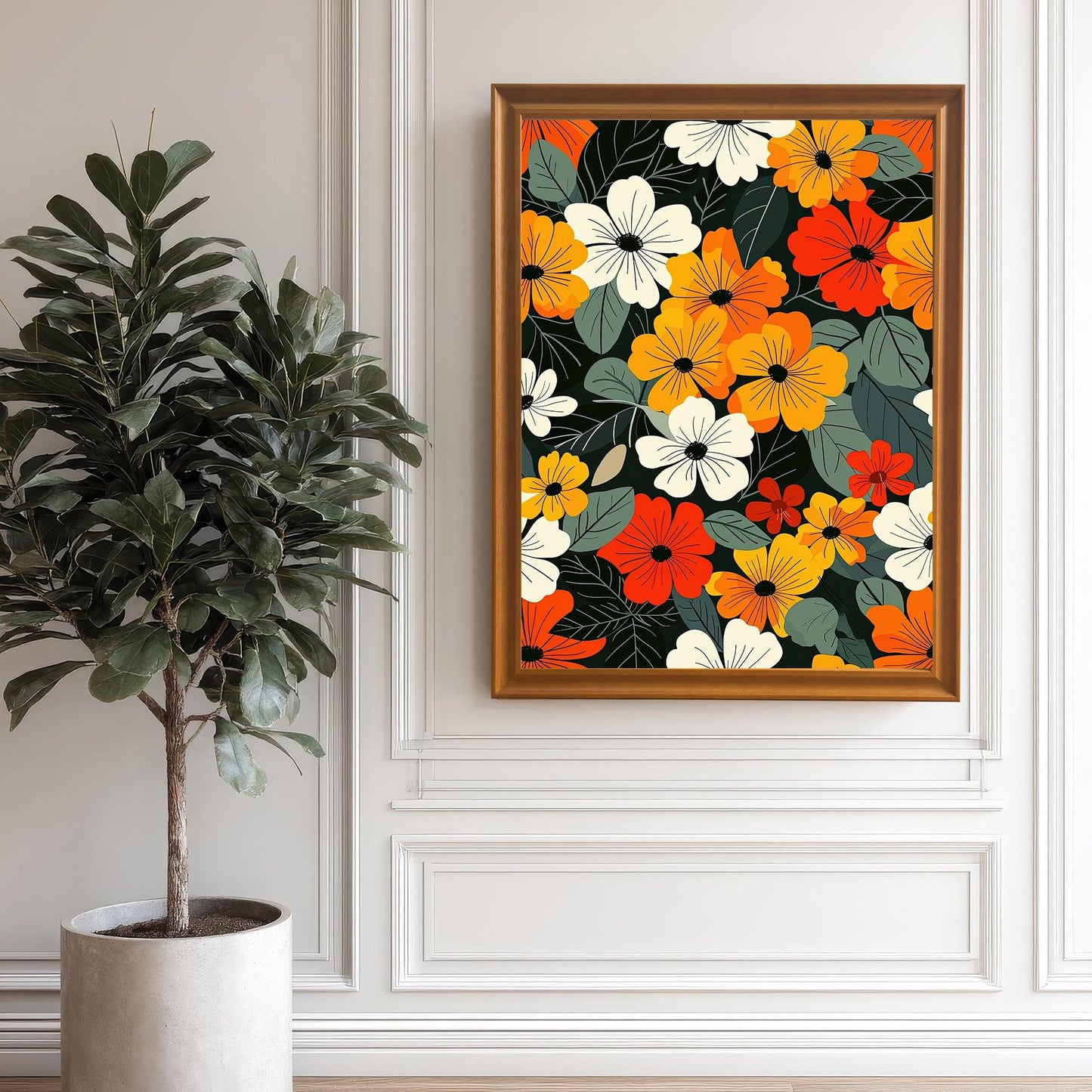 A framed art print of colorful flowers hangs on a white paneled wall next to a large potted plant. The frame is orange.