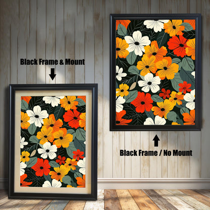 Two art prints of colorful flowers. The one on the left has a black frame with a white mat. The one on the right has a black frame with no mat.