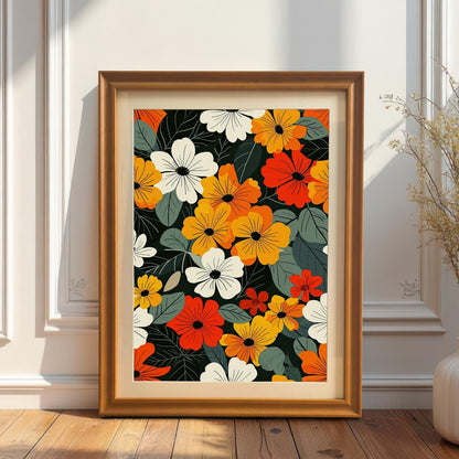 An orange-framed art print of vibrant flowers in white, orange, and yellow leans on a wood floor against a white paneled wall next to a tall vase with dried plants.