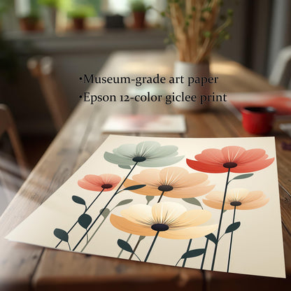 A close-up, angled view of a paper art print featuring abstract flowers. Text highlights "Museum-grade art paper" and "Epson 12-color giclee print."