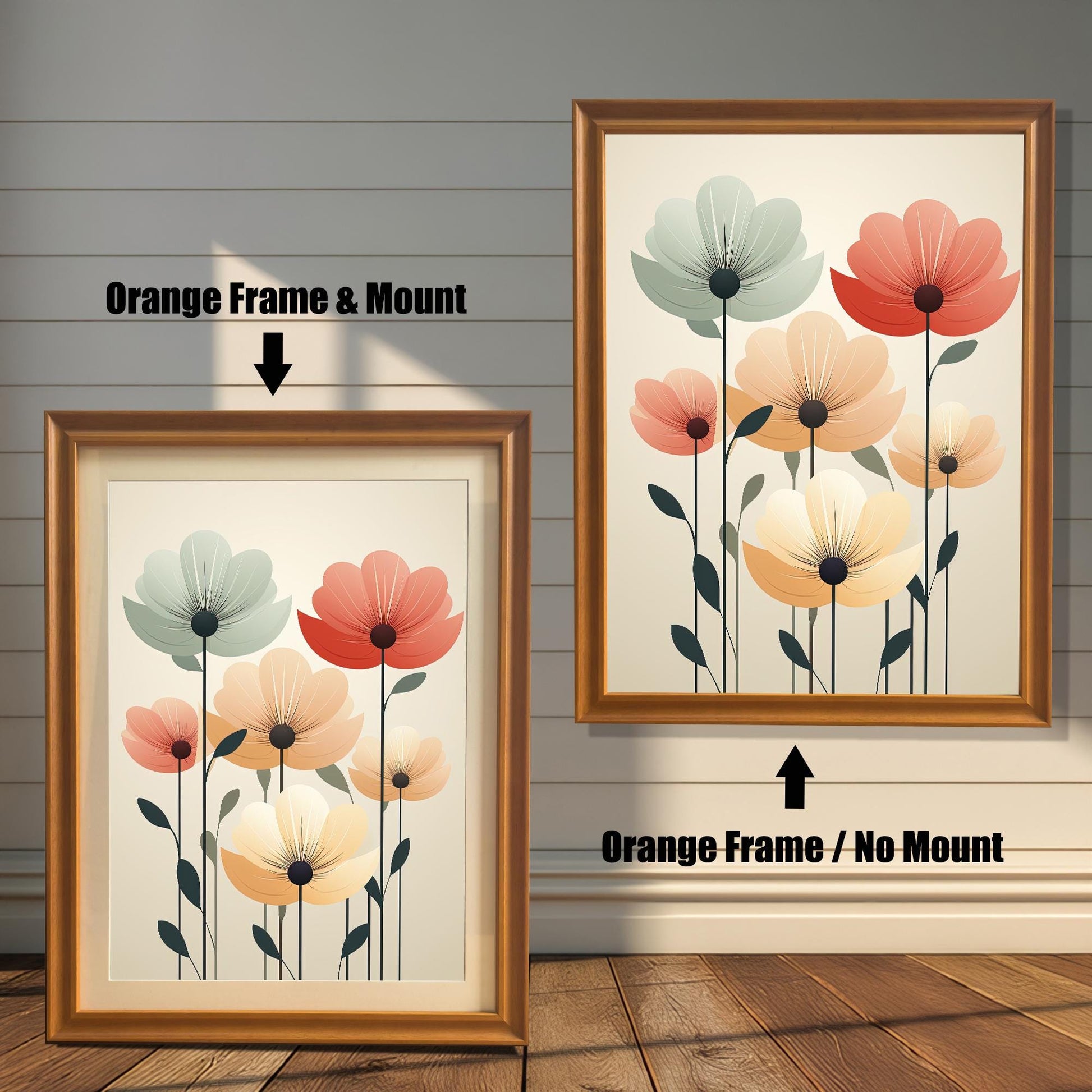 Two art prints of abstract flowers. The one on the left has an orange-colored frame with a white mat. The one on the right has an orange-colored frame with no mat.