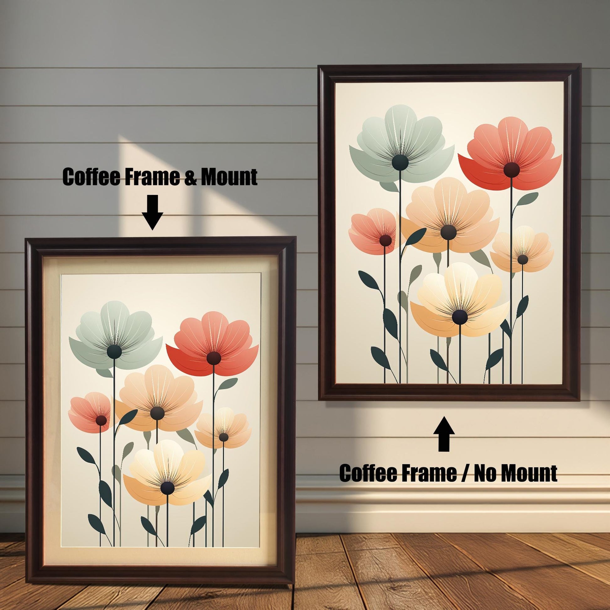 Two art prints of abstract flowers. The one on the left has a coffee-colored frame with a white mat. The one on the right has a coffee-colored frame with no mat.