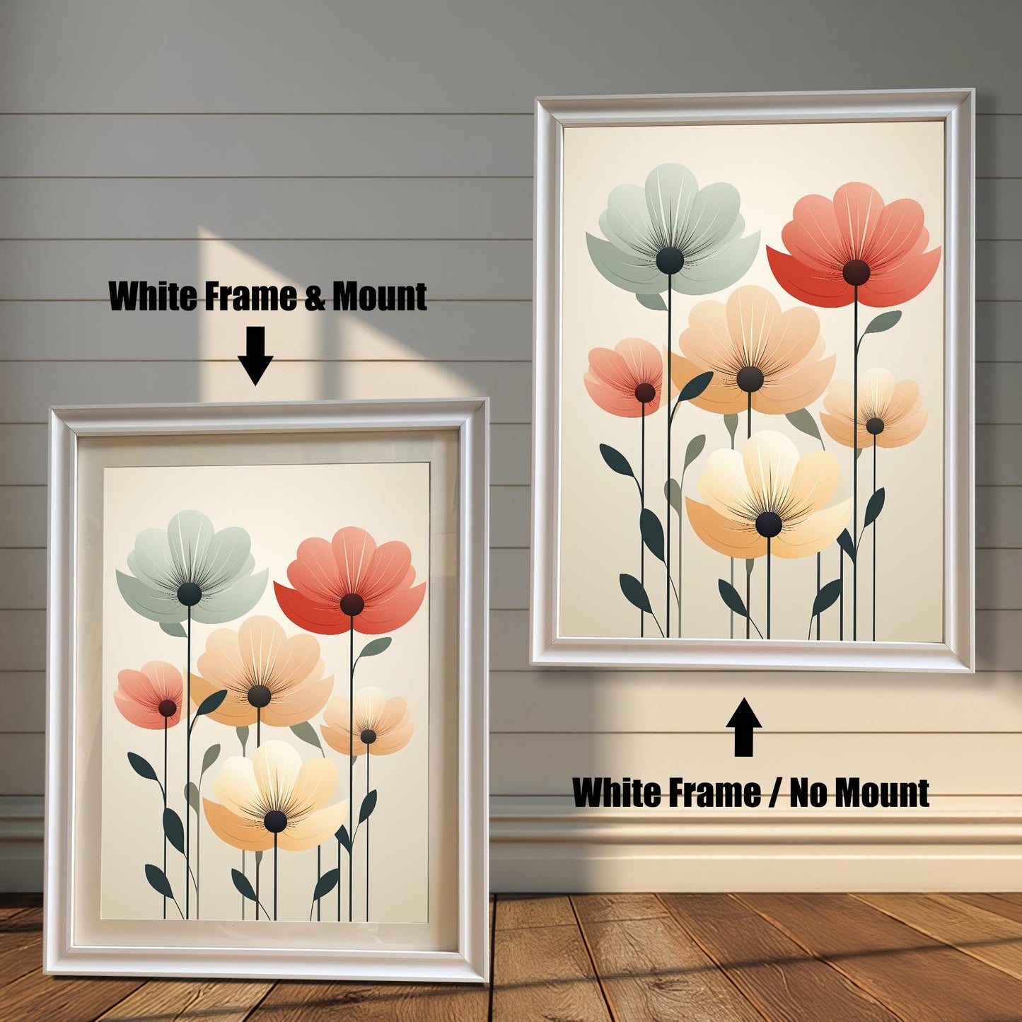 Two art prints of abstract flowers. The one on the left has a white frame with a white mat. The one on the right has a white frame with no mat.