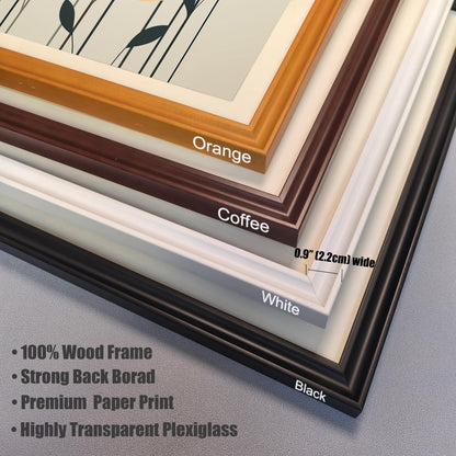 A stack of four corner samples for art frames. From top to bottom, the colors are orange, coffee, white, and black. Text lists frame features like "100% Wood Frame."