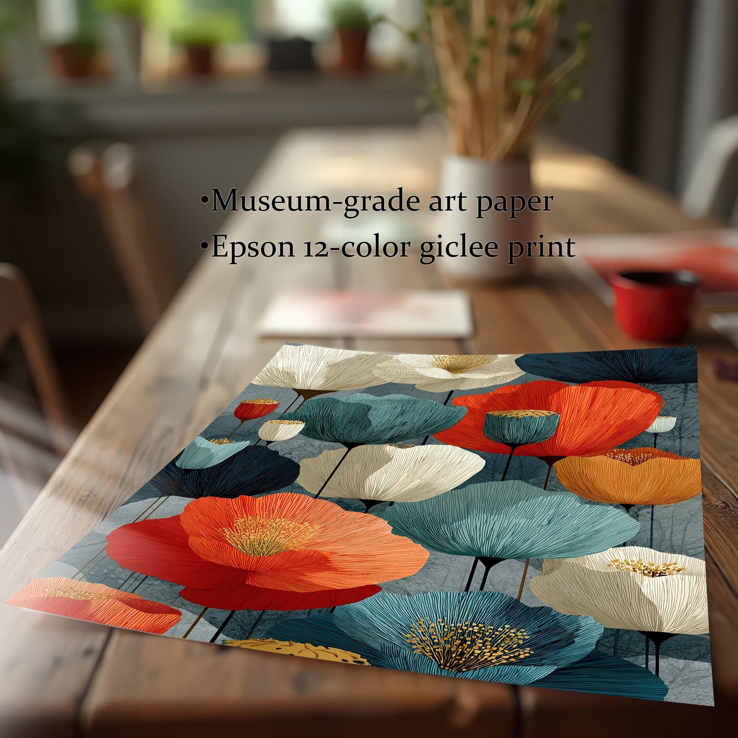 A close-up shot of the abstract floral art print lying on a wooden table, with text indicating it's a "Museum-grade art paper" and an "Epson 12-color giclee print."