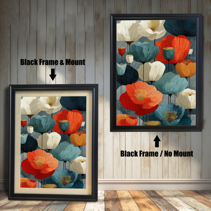 A side-by-side comparison of an abstract floral art print in a black frame. The print on the left includes a white mat ("mount"), while the one on the right does not.