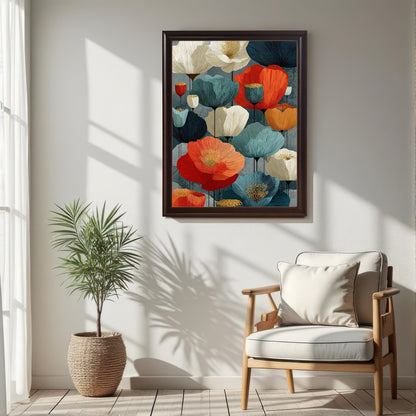A framed abstract floral art print in a coffee-colored frame hanging above a light-colored chair, with sunlight casting shadows from a nearby plant.