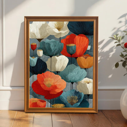 A framed art print with an abstract design of flowers in shades of red, white, orange, and blue. The print is leaning against a white wainscoted wall with sunlight casting shadows.