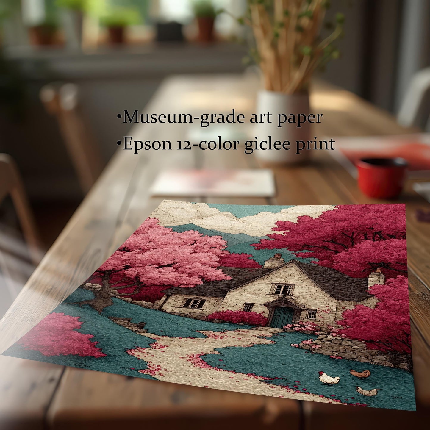 A close-up shot of the cottage art print lying on a wooden table, with text indicating it's a "Museum-grade art paper" and an "Epson 12-color giclee print."