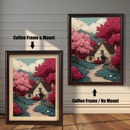 A side-by-side comparison of a cottage art print in a coffee-colored frame. The print on the left includes a white mat ("mount"), while the one on the right does not.