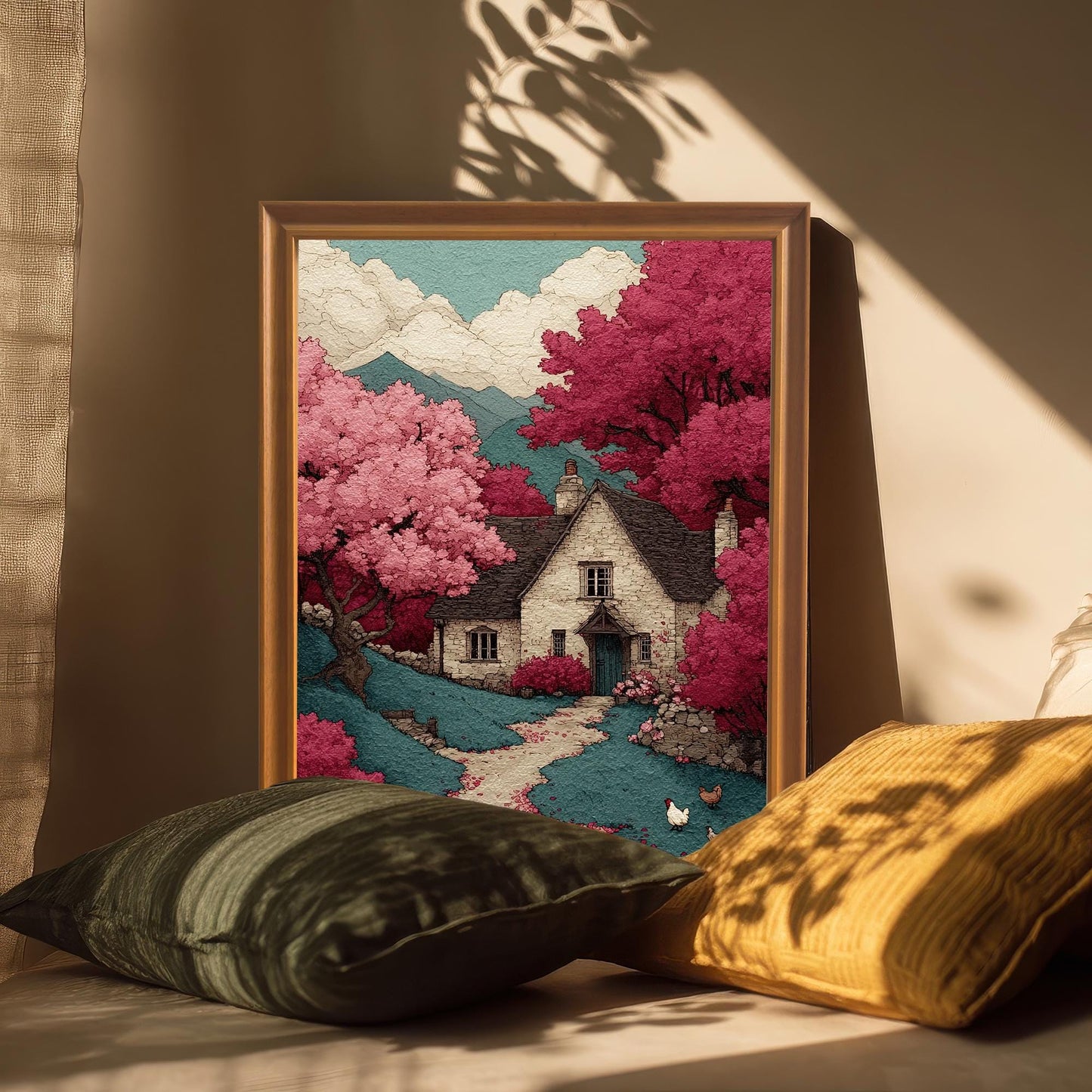 A framed art print of a cottage and pink trees. The print is leaning against a wall, propped up by two pillows, with a window's shadow casting a pattern across it.