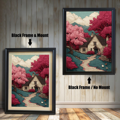 A side-by-side comparison of a cottage art print in a black frame. The print on the left includes a white mat ("mount"), while the one on the right does not.