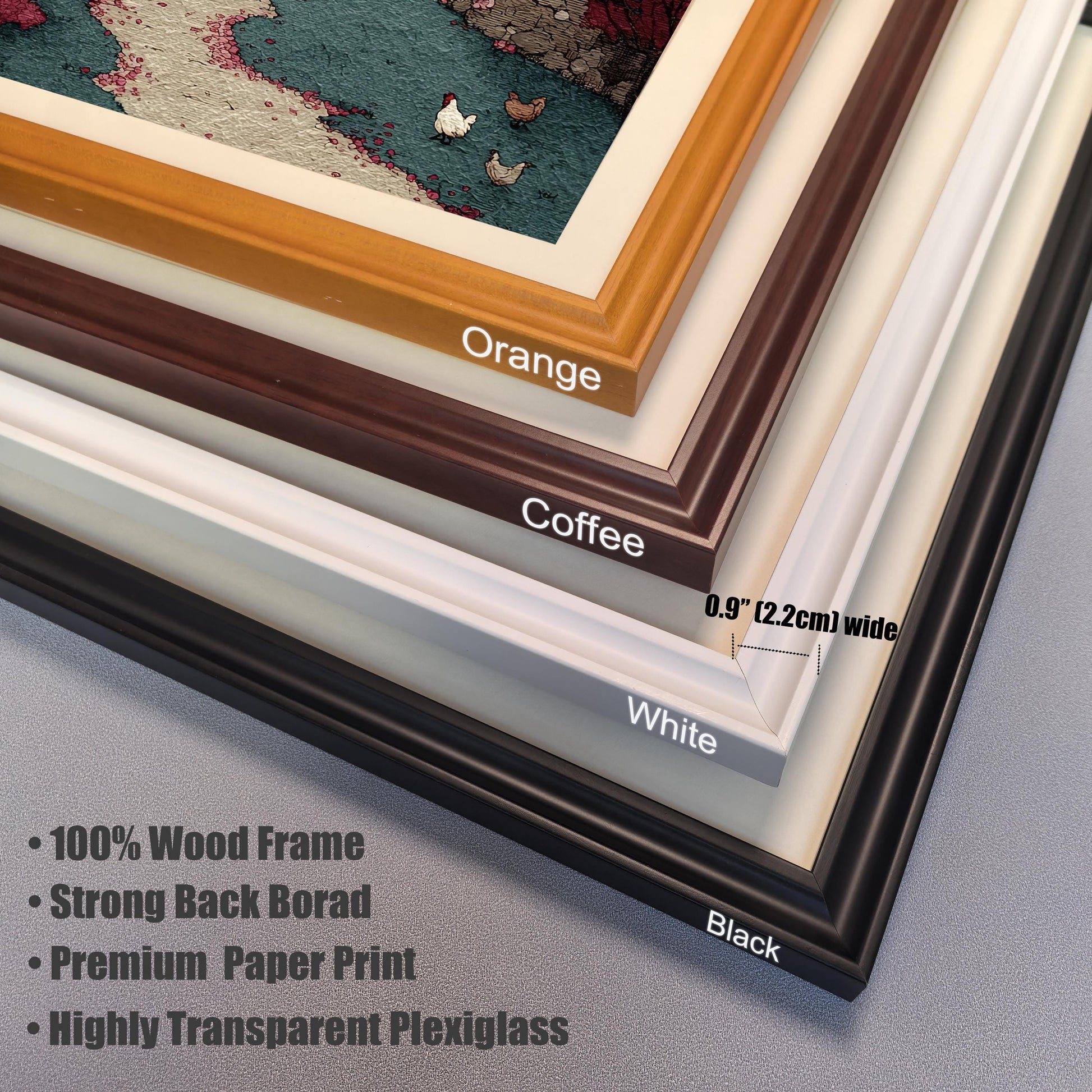 A stack of four wooden frames in different colors: orange, coffee, white, and black. A note indicates the frame width is 0.9 inches (2.2 cm) and other material specs.