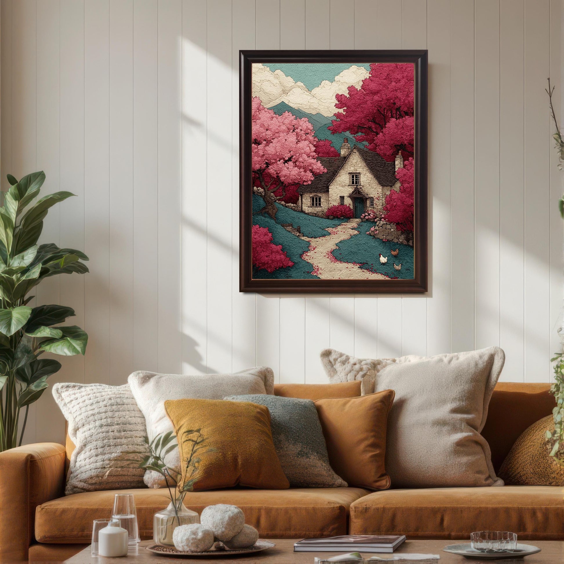 A framed art print featuring a cottage and pink trees in a coffee-colored frame, hanging above a brown sofa with pillows, demonstrating how the art looks in a home setting.