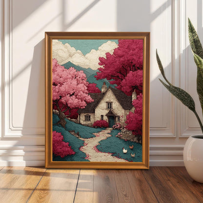 A framed art print featuring a stone cottage surrounded by pink trees. The print is leaning against a white wainscoted wall, with sunlight creating shadows on the frame and hardwood floor.