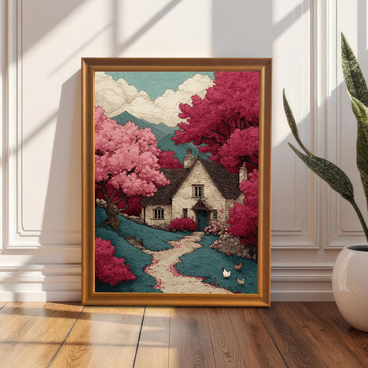 A framed art print featuring a stone cottage surrounded by pink trees. The print is leaning against a white wainscoted wall, with sunlight creating shadows on the frame and hardwood floor.