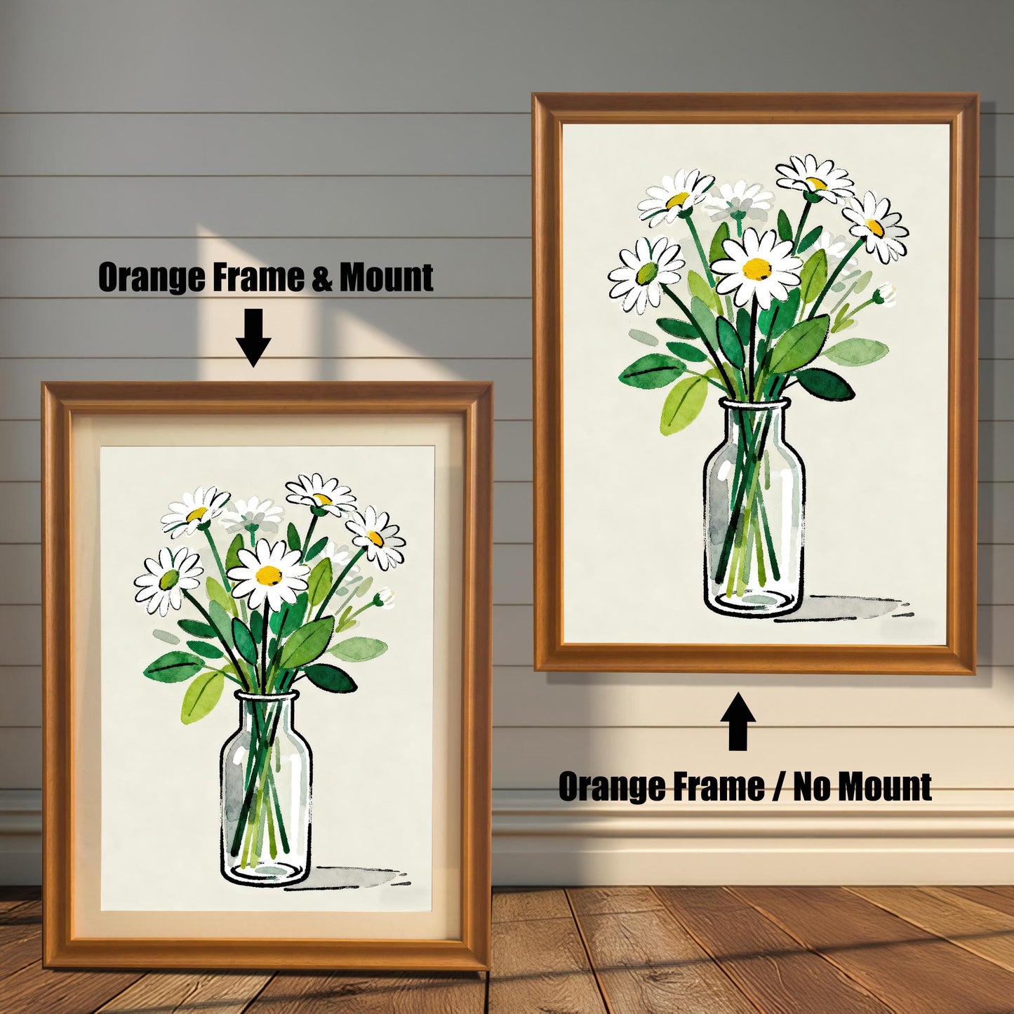 A side-by-side comparison of a daisy art print in an orange frame. The print on the left includes a white mat ("mount"), while the one on the right does not.