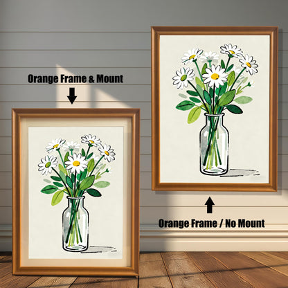 A side-by-side comparison of a daisy art print in an orange frame. The print on the left includes a white mat ("mount"), while the one on the right does not.