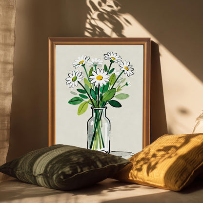 A framed art print of daisies in a vase. The print is leaning against a wall and propped up by two pillows, with a window shadow casting a geometric pattern across it.