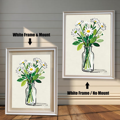 A side-by-side comparison of a daisy art print in a white frame. The print on the left includes a white mat ("mount"), while the one on the right does not.