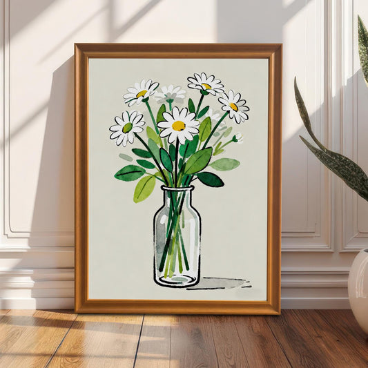 A framed art print featuring a vase of daisies leaning against a white wainscoted wall. The orange frame glows in the sunlight, which casts shadows across the hardwood floor.