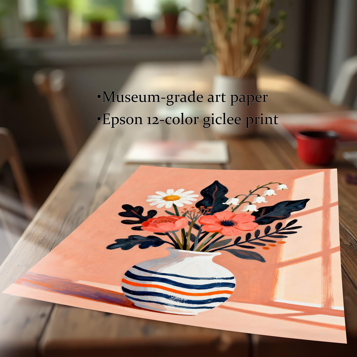 A close-up shot of the floral art print lying on a wooden table, with text indicating it's a "museum-grade art paper" and an "Epson 12-color giclee print."