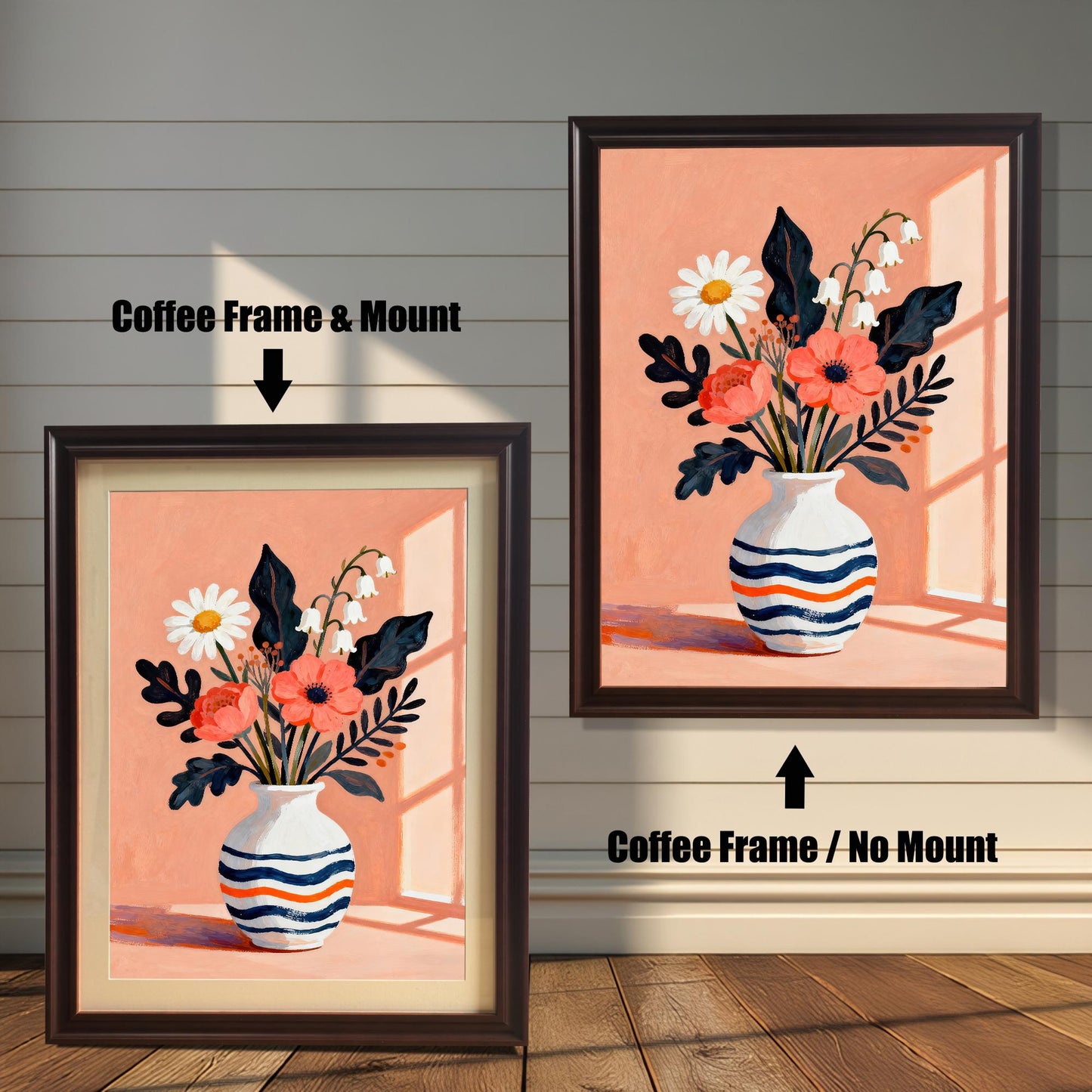 A side-by-side comparison of a floral art print in a coffee-colored frame. The print on the left includes a white mat ("mount"), while the one on the right does not.