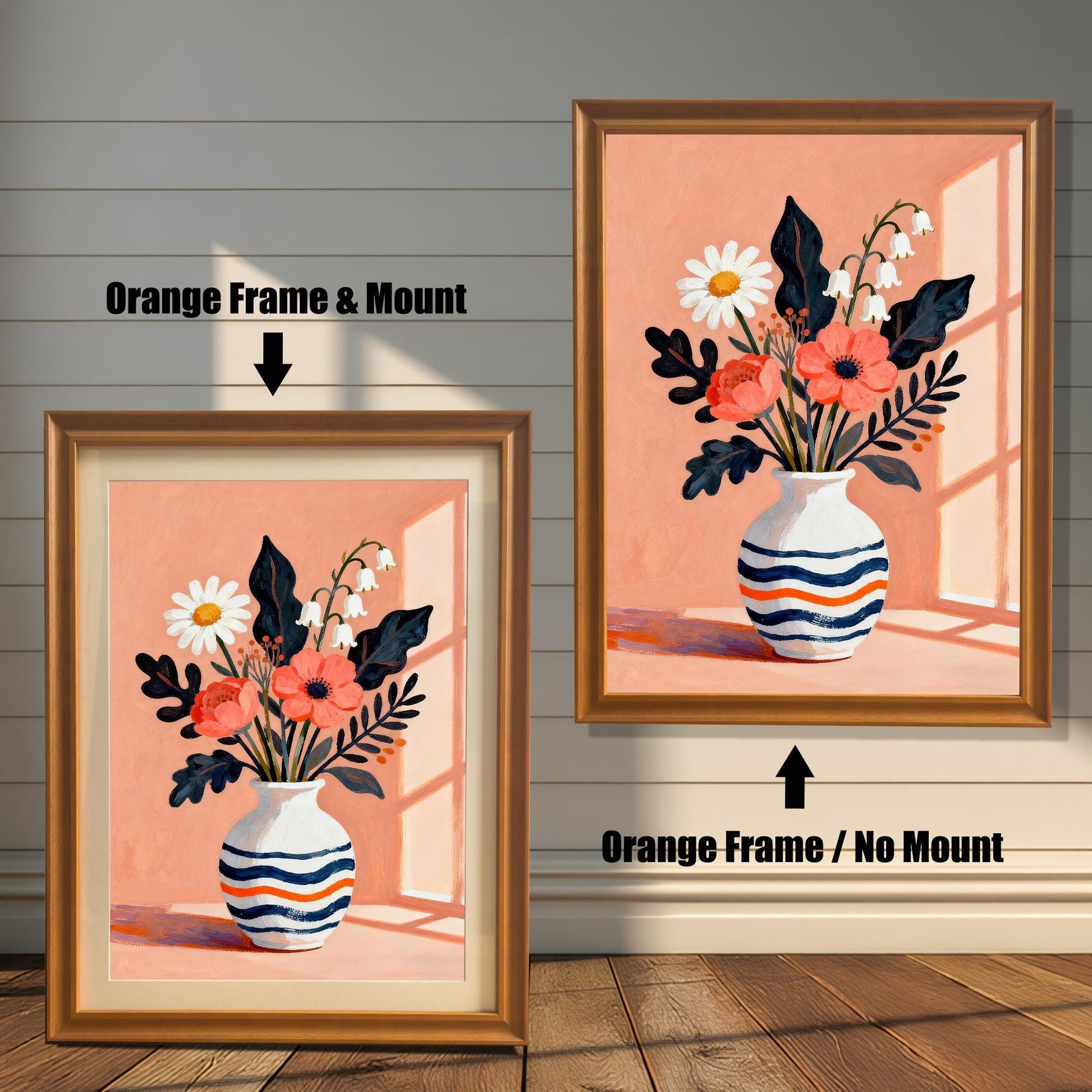 A side-by-side comparison of a floral art print in an orange frame. The print on the left includes a white mat ("mount"), while the one on the right does not.