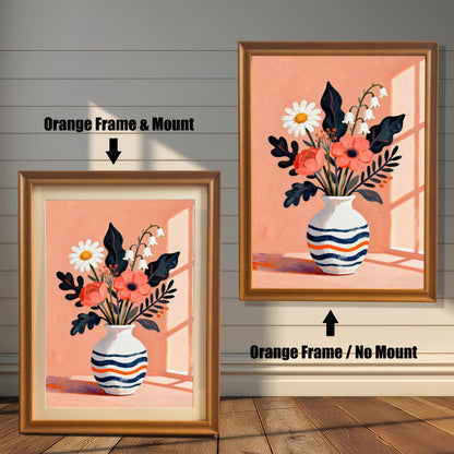 A side-by-side comparison of a floral art print in an orange frame. The print on the left includes a white mat ("mount"), while the one on the right does not.