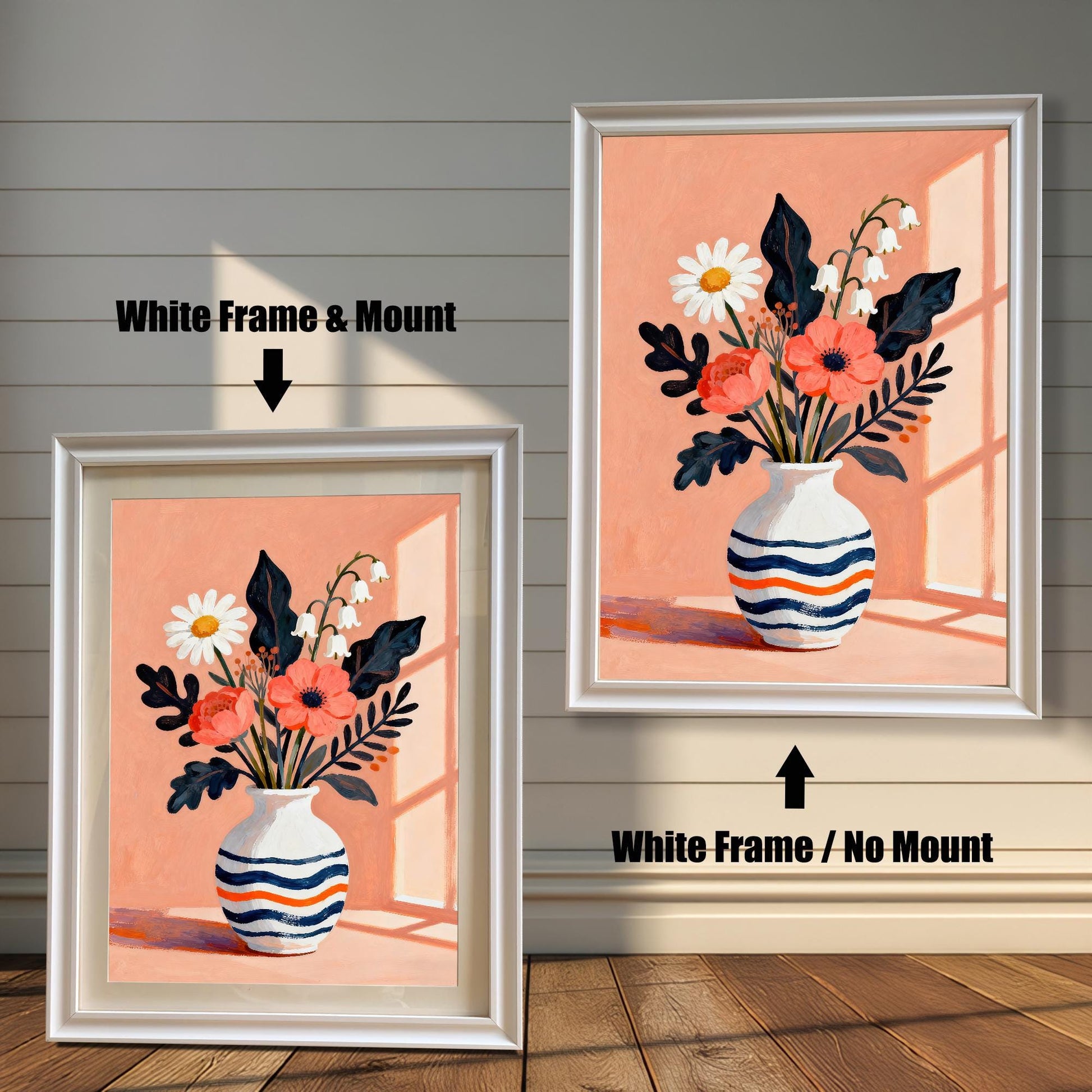 A side-by-side comparison of a floral art print in a white frame. The print on the left includes a white mat ("mount"), while the one on the right does not.